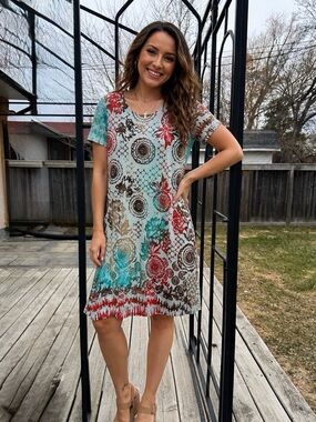 Floral Print Midi Dress in Aqua and Red